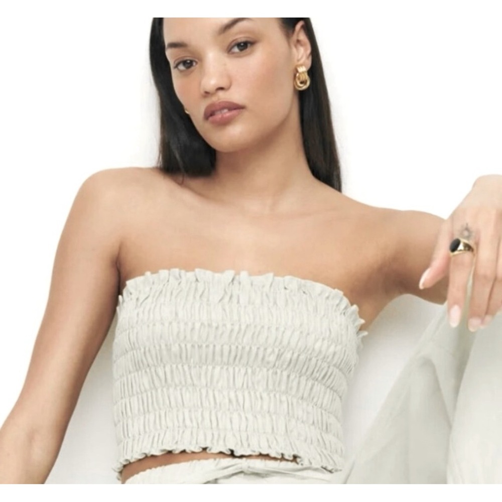Reformation Smocked Tube Top Womens Medium Sage Green Excellent Ruffle Strapless